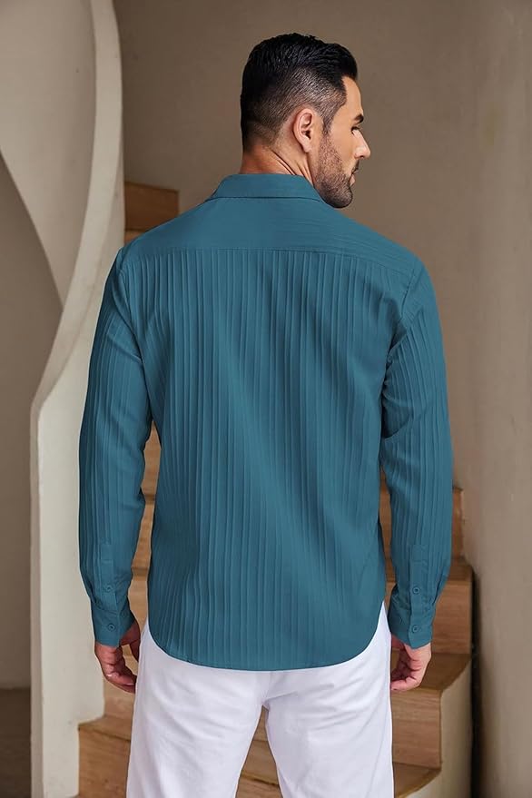 TEE VENTURE Men's Casual Button Down Shirts Long Sleeve Linen Shirt Fashion Textured Beach Summer Shirt - Image 2
