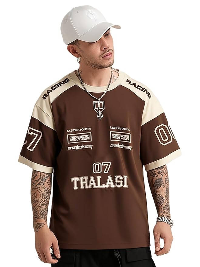 TEE VENTURE Men Cotton Jersey Aesthetic Oversized T shirts for Men | Sports Jerseys T-shirts & Half Sleeve Round Neck Printed Tshirt for Mens - Down Shoulder Loose & Baggy Fit Korean T shirt for Man & Boy