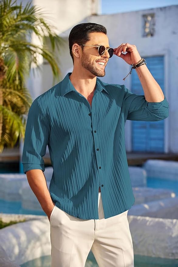 TEE VENTURE Men's Casual Button Down Shirts Long Sleeve Linen Shirt Fashion Textured Beach Summer Shirt - Image 5