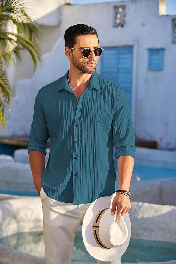 TEE VENTURE Men's Casual Button Down Shirts Long Sleeve Linen Shirt Fashion Textured Beach Summer Shirt - Image 4