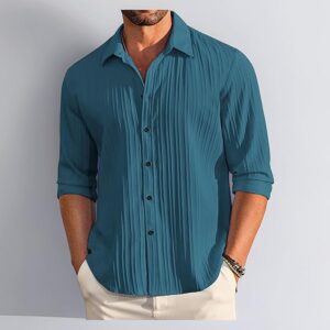 TEE VENTURE Men's Casual Button Down Shirts Long Sleeve Linen Shirt Fashion Textured Beach Summer Shirt