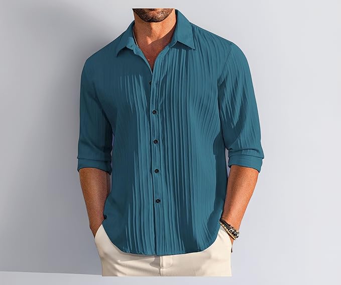 TEE VENTURE Men's Casual Button Down Shirts Long Sleeve Linen Shirt Fashion Textured Beach Summer Shirt
