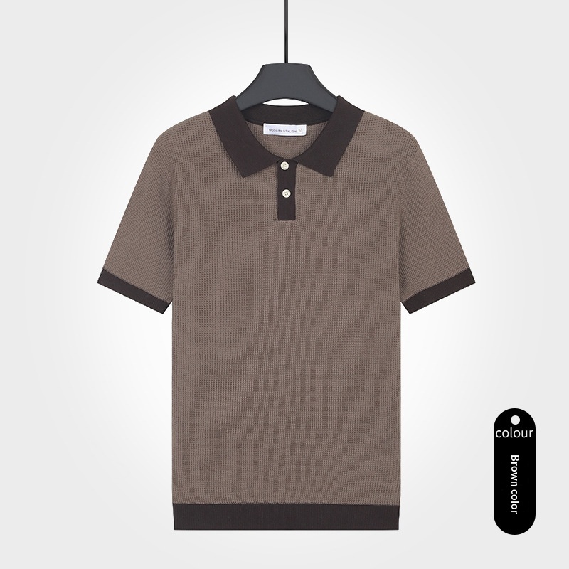 Mens Solid-Color Knitted Short-Sleeve Polo Shirt - Image 7