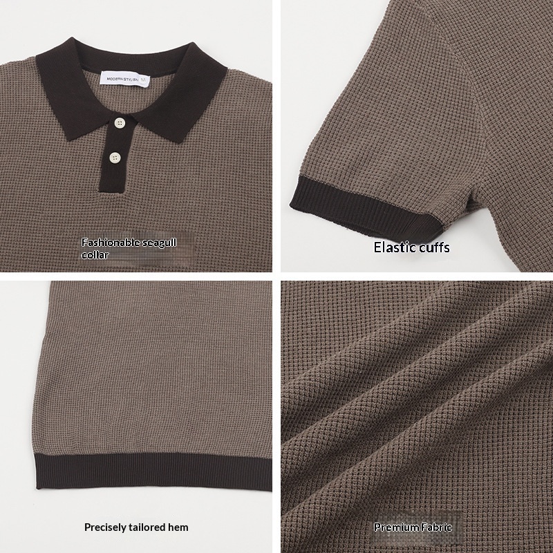 Mens Solid-Color Knitted Short-Sleeve Polo Shirt - Image 4