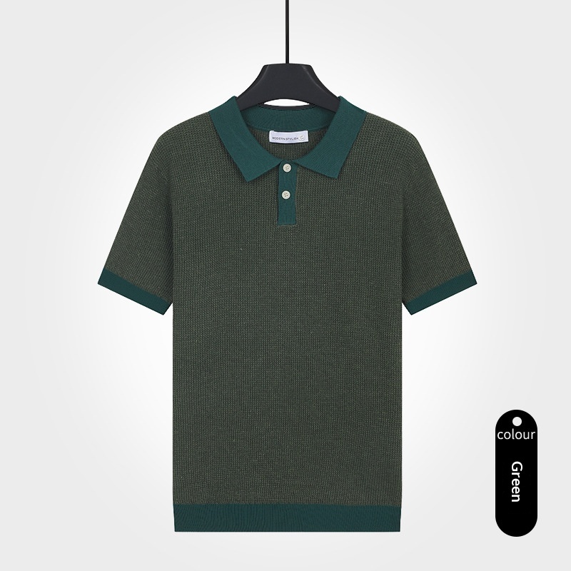 Mens Solid-Color Knitted Short-Sleeve Polo Shirt - Image 2