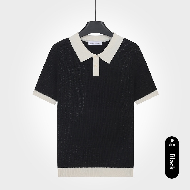 Mens Solid-Color Knitted Short-Sleeve Polo Shirt - Image 3